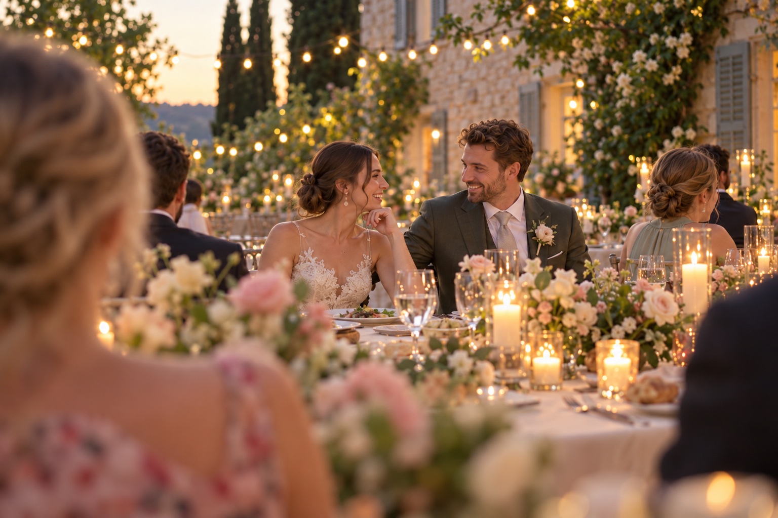 KI-Muster: Das Hochzeitspaar beim gemeinsamen Essen, aus einiger Entfernung zwischen den Tischen fotografiert