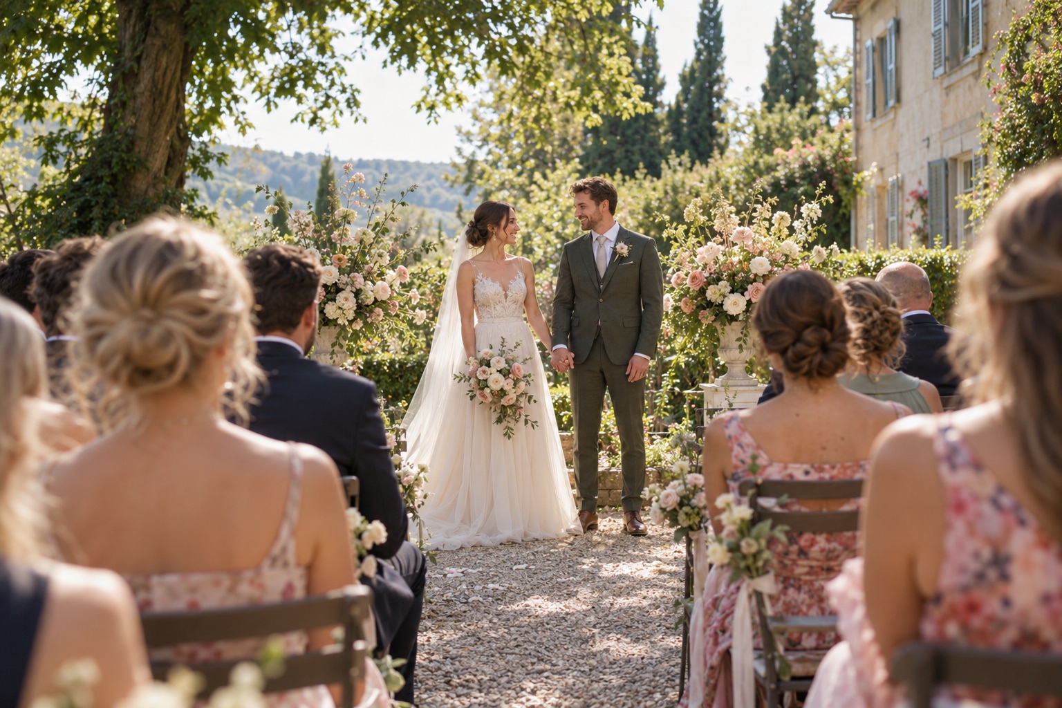 KI-Muster: Clara im langen Brautkleid und Henrik bei der Trauung, gesehen aus der letzten Reihe