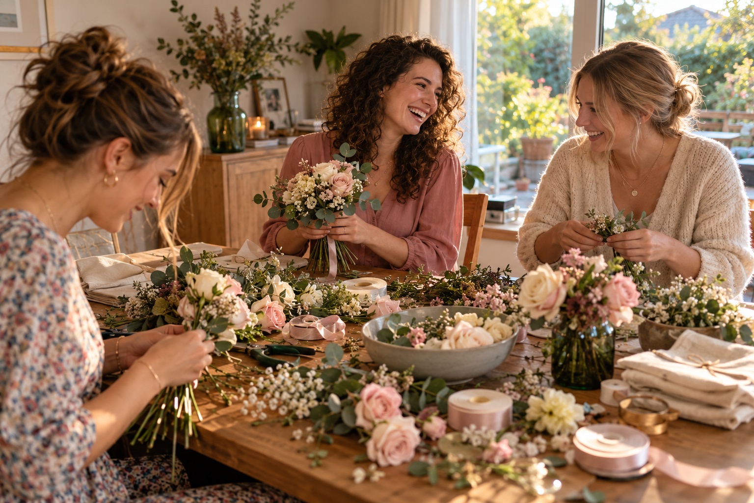 KI-Muster: Freundinnen binden Blumen und bereiten die Hochzeit vor