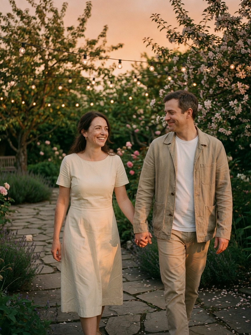 KI-Muster: Clara und Henrik gehen durch den sommerlichen Garten